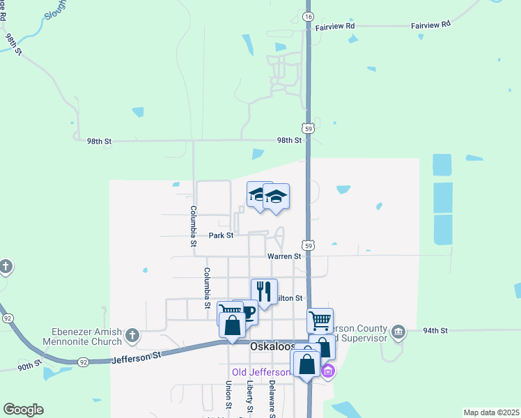 map of restaurants, bars, coffee shops, grocery stores, and more near 404 Park Street in Oskaloosa