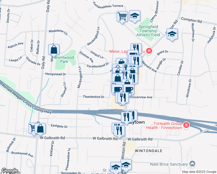 map of restaurants, bars, coffee shops, grocery stores, and more near 8497 Cottonwood Drive in Cincinnati