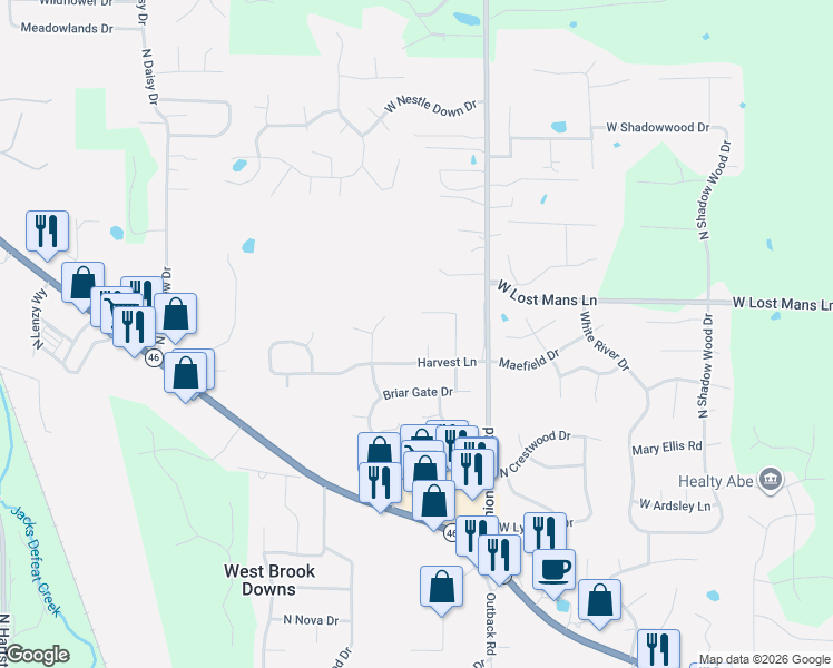 map of restaurants, bars, coffee shops, grocery stores, and more near 5098 Harvest Ct in Bloomington