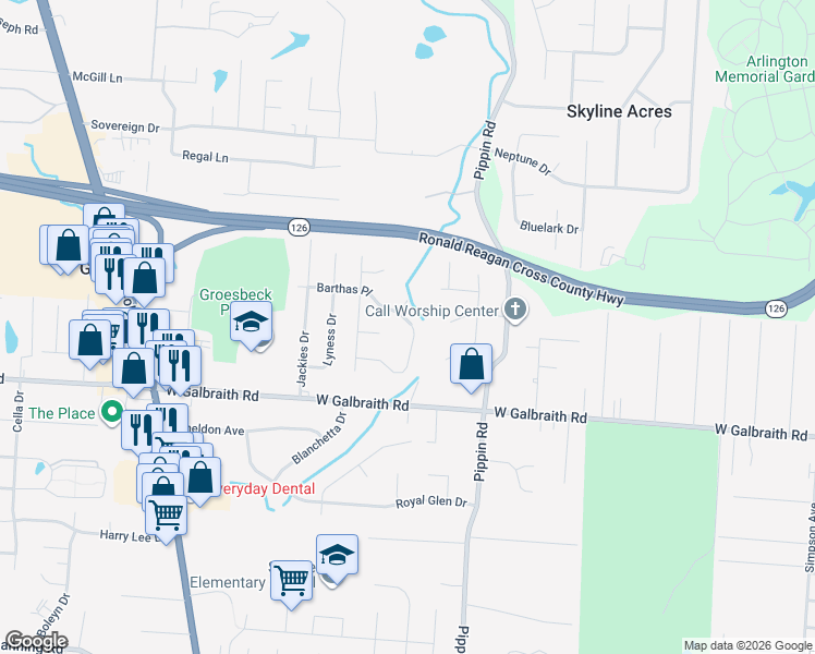 map of restaurants, bars, coffee shops, grocery stores, and more near 2671 Barthas Place in Cincinnati