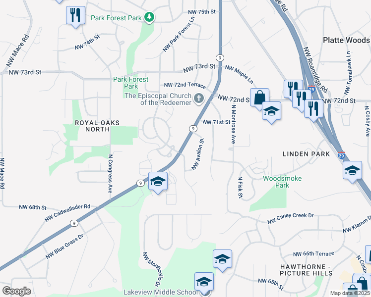 map of restaurants, bars, coffee shops, grocery stores, and more near 7009 Missouri 9 in Kansas City