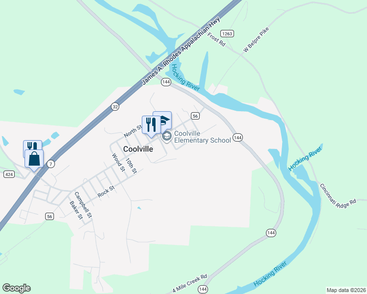 map of restaurants, bars, coffee shops, grocery stores, and more near 26461 Rock Street in Coolville