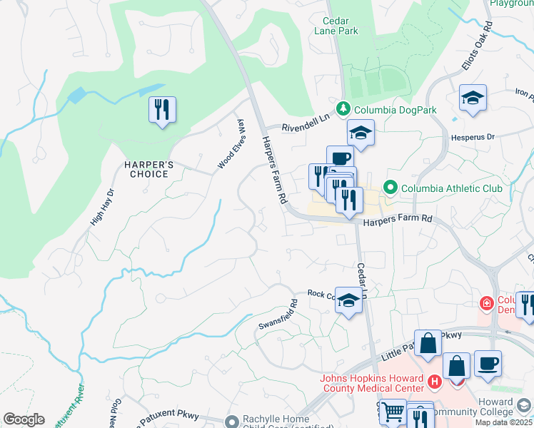 map of restaurants, bars, coffee shops, grocery stores, and more near 5325 High Wheels Court in Columbia