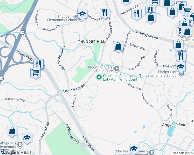 map of restaurants, bars, coffee shops, grocery stores, and more near 5409 April Wind Court in Columbia