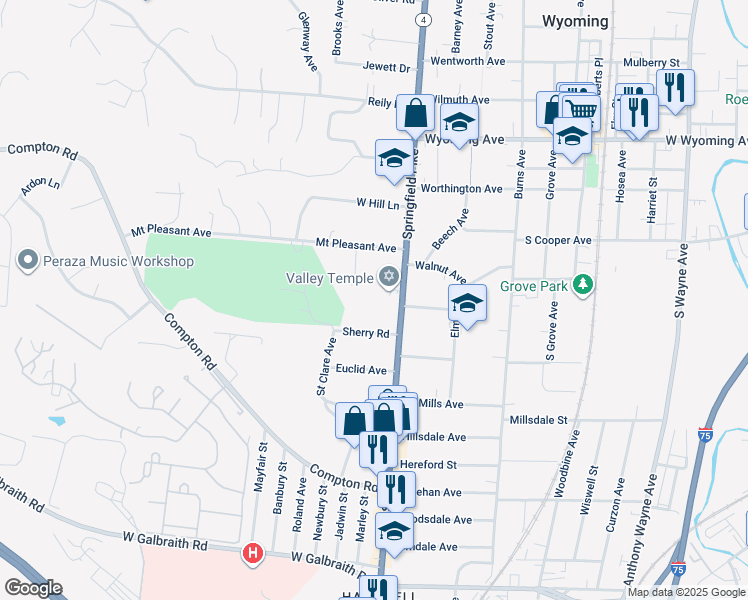 map of restaurants, bars, coffee shops, grocery stores, and more near 141 Springfield Pike in Cincinnati