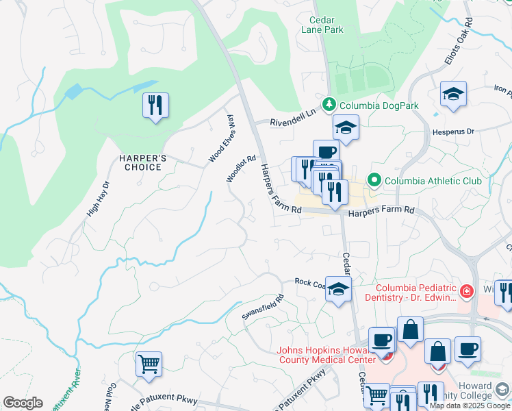 map of restaurants, bars, coffee shops, grocery stores, and more near 5325 High Wheels Court in Columbia