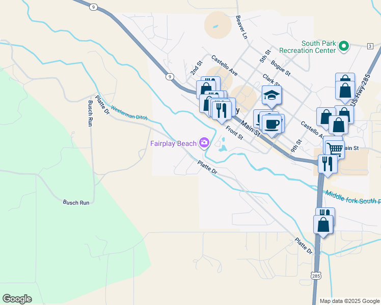 map of restaurants, bars, coffee shops, grocery stores, and more near 589 Platte Drive in Fairplay