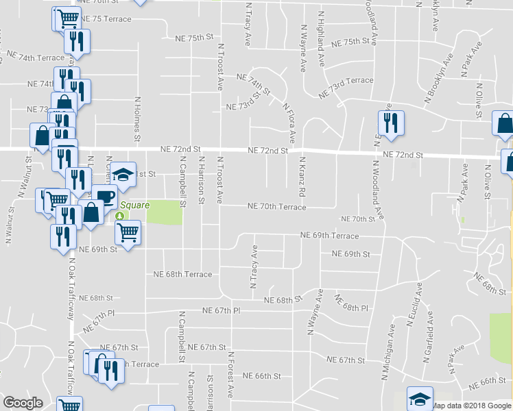 map of restaurants, bars, coffee shops, grocery stores, and more near 1204A Northeast 70th Terrace in Gladstone