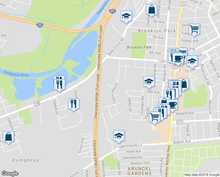 map of restaurants, bars, coffee shops, grocery stores, and more near 401 Piedmont Court in Brooklyn Park