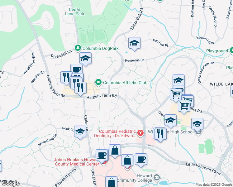 map of restaurants, bars, coffee shops, grocery stores, and more near 5533 Harpers Farm Road in Columbia