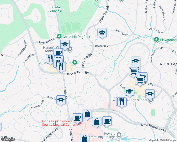 map of restaurants, bars, coffee shops, grocery stores, and more near 5533 Harpers Farm Road in Columbia