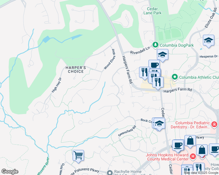 map of restaurants, bars, coffee shops, grocery stores, and more near 5330 Woodlot Road in Columbia