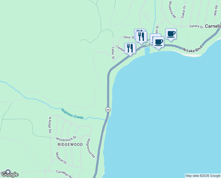 map of restaurants, bars, coffee shops, grocery stores, and more near 4798 North Lake Boulevard in Carnelian Bay