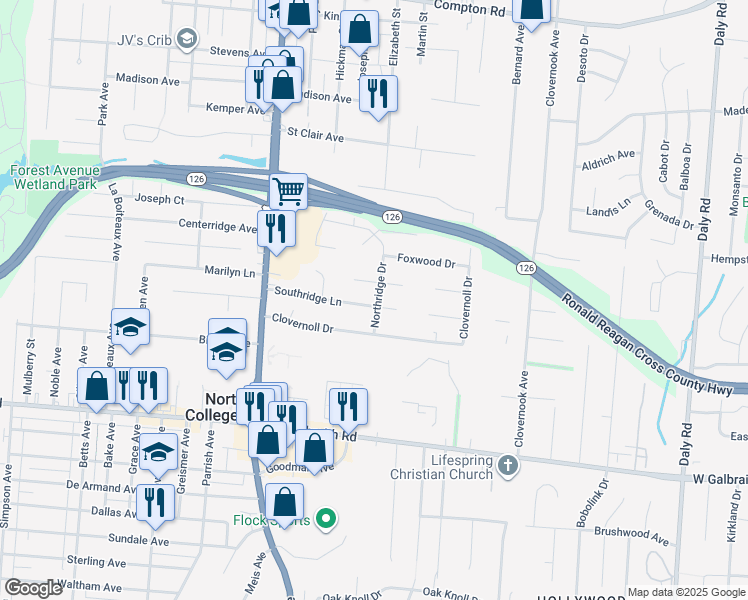 map of restaurants, bars, coffee shops, grocery stores, and more near 1500 Southridge Lane in Cincinnati