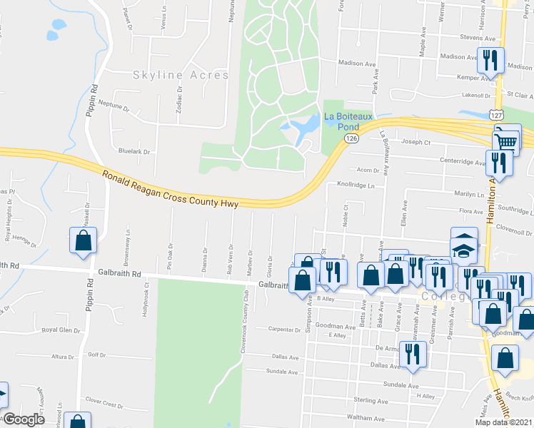 map of restaurants, bars, coffee shops, grocery stores, and more near 6951 Gloria Drive in Cincinnati