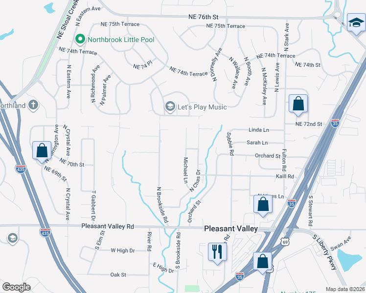 map of restaurants, bars, coffee shops, grocery stores, and more near 7104 Michael Lane in Pleasant Valley