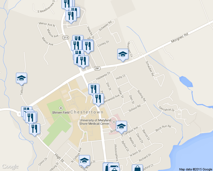 map of restaurants, bars, coffee shops, grocery stores, and more near 108 Elm Street in Chestertown