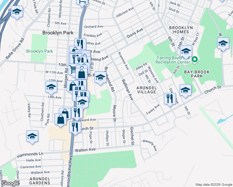 map of restaurants, bars, coffee shops, grocery stores, and more near 5301 Brookwood Road in Brooklyn Park