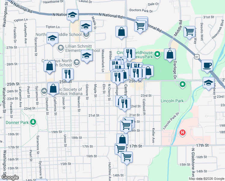 map of restaurants, bars, coffee shops, grocery stores, and more near 2325 North Cherry Street in Columbus