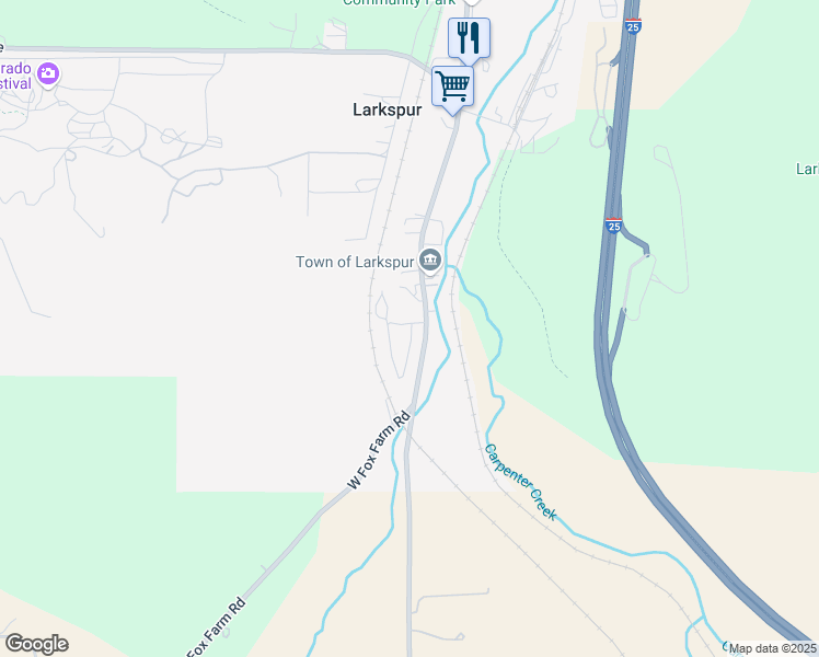 map of restaurants, bars, coffee shops, grocery stores, and more near 9669 South Spruce Mountain Road in Larkspur