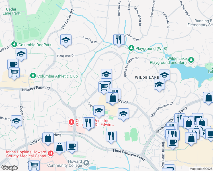 map of restaurants, bars, coffee shops, grocery stores, and more near 10433 Faulkner Ridge Circle in Columbia