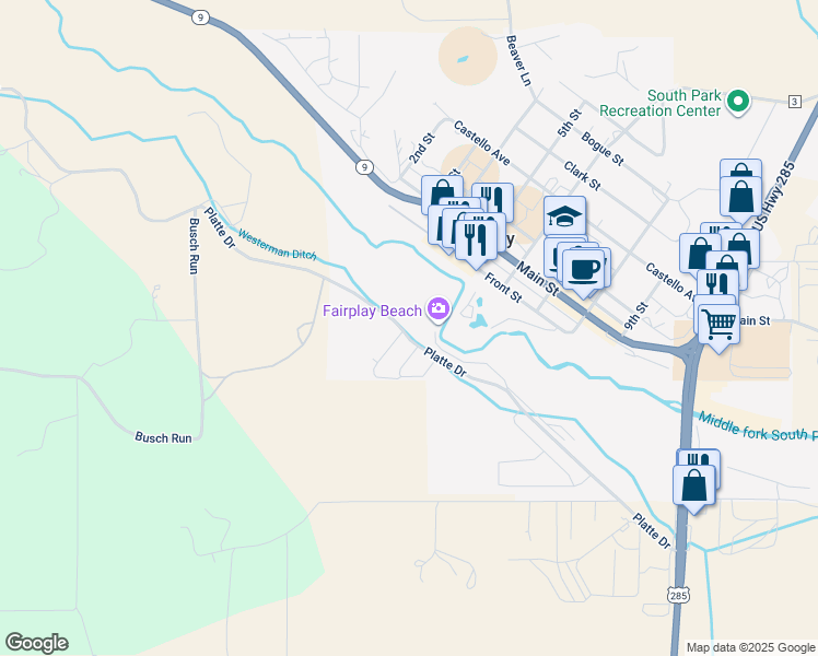 map of restaurants, bars, coffee shops, grocery stores, and more near 589 Platte Drive in Fairplay