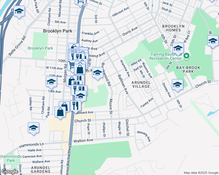 map of restaurants, bars, coffee shops, grocery stores, and more near 5201 Brookwood Road in Baltimore