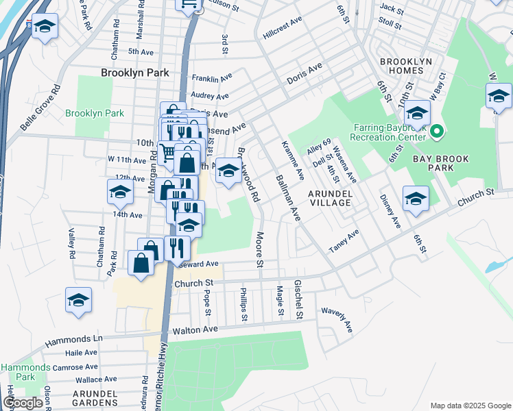 map of restaurants, bars, coffee shops, grocery stores, and more near 5210 Brookwood Road in Baltimore