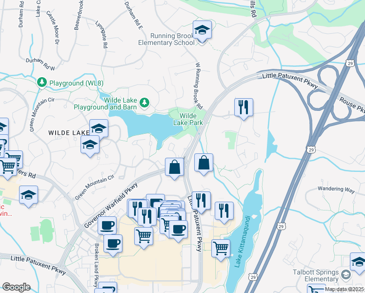 map of restaurants, bars, coffee shops, grocery stores, and more near 10001 Windstream Drive in Columbia