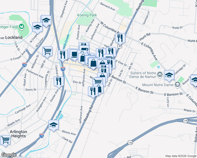 map of restaurants, bars, coffee shops, grocery stores, and more near 14 Maple Street in Cincinnati