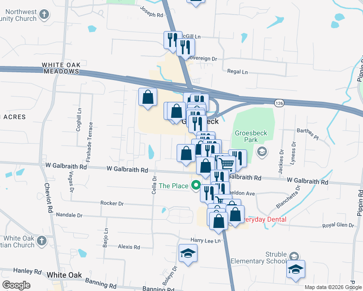 map of restaurants, bars, coffee shops, grocery stores, and more near 8248 Sandy Lane in Cincinnati