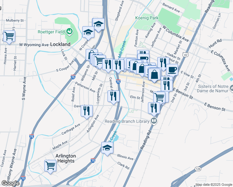 map of restaurants, bars, coffee shops, grocery stores, and more near 511 Patterson Avenue in Lockland