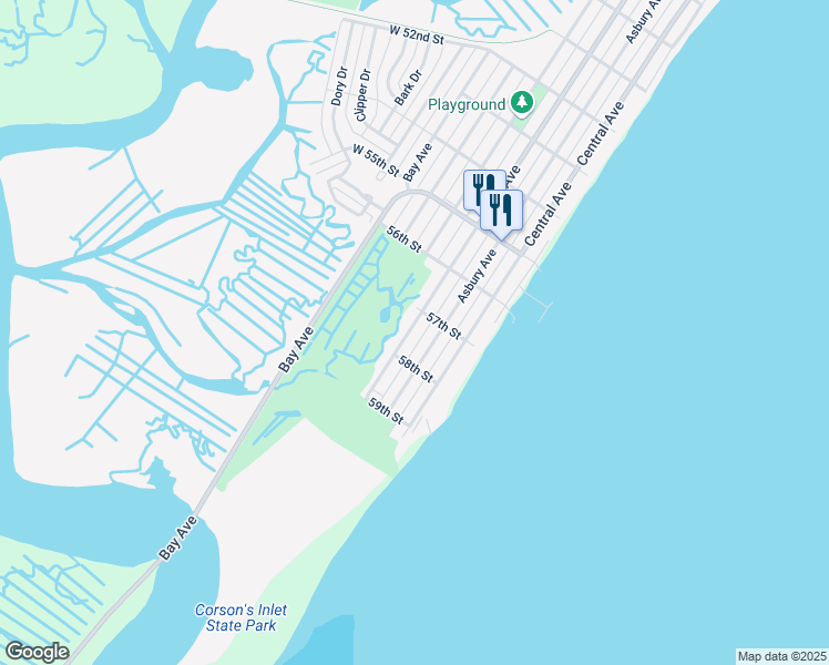 map of restaurants, bars, coffee shops, grocery stores, and more near 5727 West Avenue in Ocean City