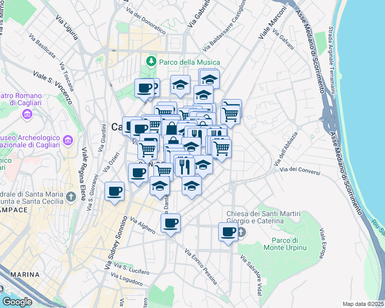 map of restaurants, bars, coffee shops, grocery stores, and more near 25-27 Via Gioacchino Rossini in Cagliari