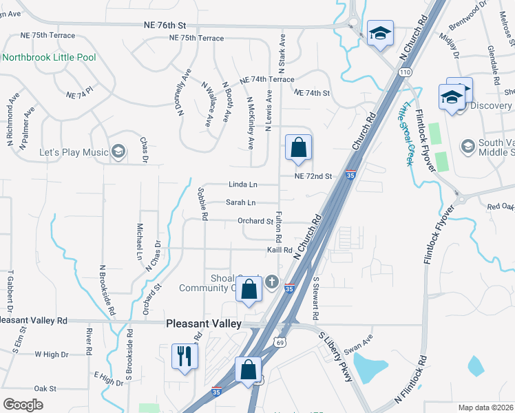 map of restaurants, bars, coffee shops, grocery stores, and more near 8701 Sarah Lane in Pleasant Valley