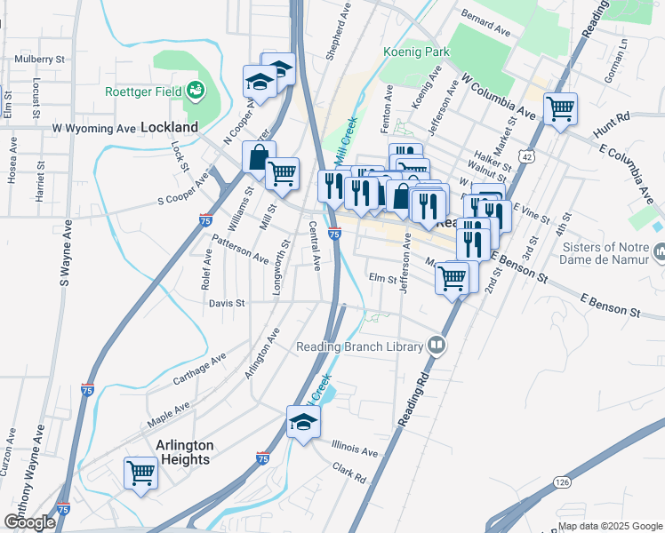 map of restaurants, bars, coffee shops, grocery stores, and more near 511 Patterson Avenue in Lockland