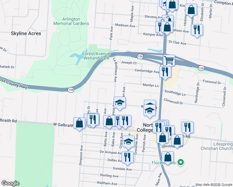 map of restaurants, bars, coffee shops, grocery stores, and more near 7032 La Boiteaux Avenue in North College Hill