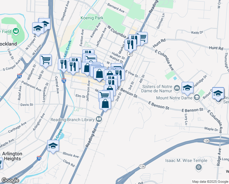 map of restaurants, bars, coffee shops, grocery stores, and more near 8846 Reading Road in Cincinnati