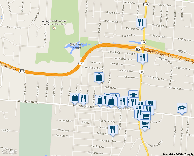 map of restaurants, bars, coffee shops, grocery stores, and more near 7057 Noble Court in Cincinnati