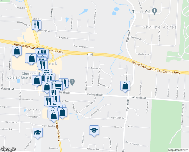 map of restaurants, bars, coffee shops, grocery stores, and more near 8342 Lyness Drive in Cincinnati