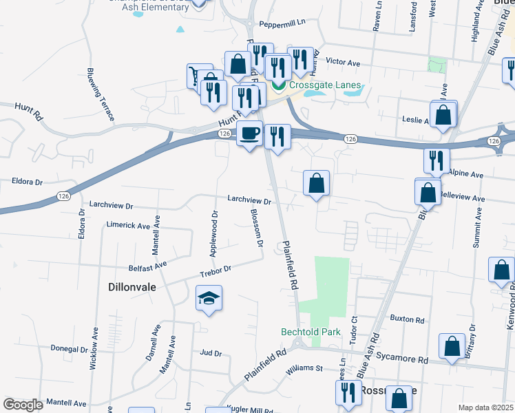 map of restaurants, bars, coffee shops, grocery stores, and more near 8978 Blossom Drive in Cincinnati