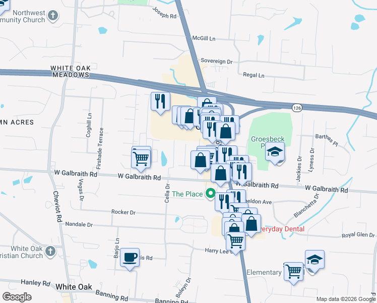 map of restaurants, bars, coffee shops, grocery stores, and more near 8248 Sandy Lane in Cincinnati
