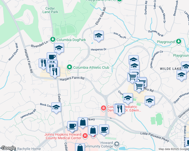 map of restaurants, bars, coffee shops, grocery stores, and more near 5633 Harpers Farm Road in Columbia