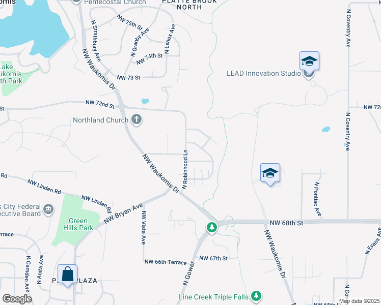 map of restaurants, bars, coffee shops, grocery stores, and more near 7011 North Robinhood Lane in Kansas City