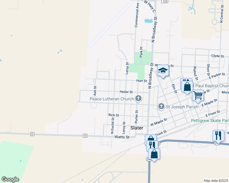 map of restaurants, bars, coffee shops, grocery stores, and more near 799 Heiler St in Slater