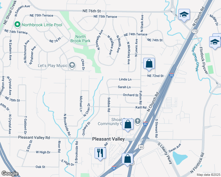 map of restaurants, bars, coffee shops, grocery stores, and more near 7107 Sobbie Road in Pleasant Valley