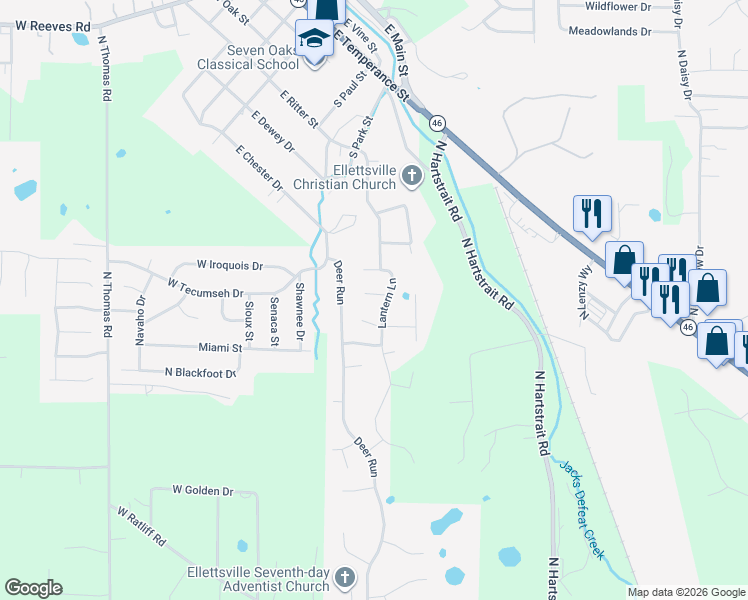 map of restaurants, bars, coffee shops, grocery stores, and more near 634 Militia Court in Ellettsville