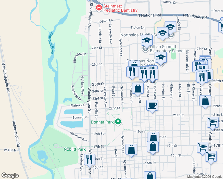 map of restaurants, bars, coffee shops, grocery stores, and more near 2402 Pearl Street in Columbus