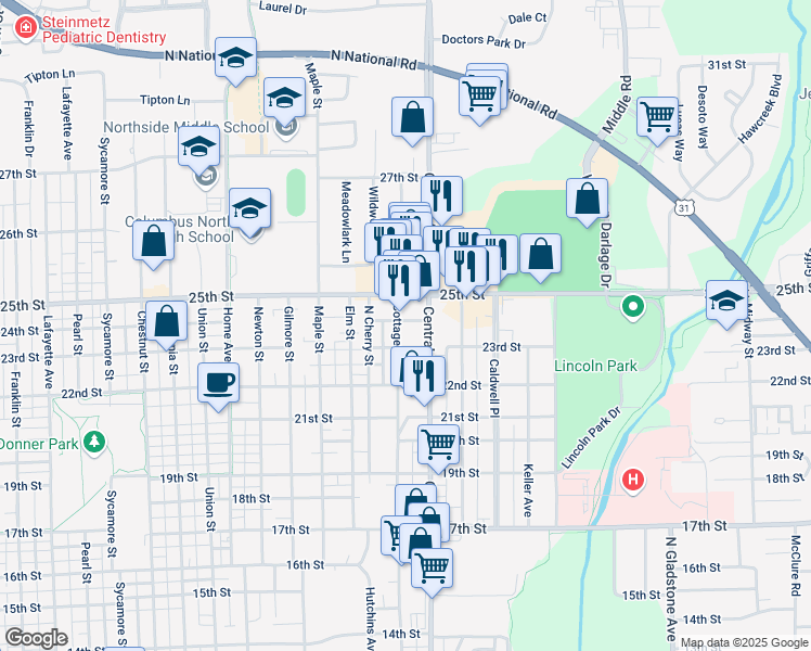 map of restaurants, bars, coffee shops, grocery stores, and more near 2333 Cottage Avenue in Columbus