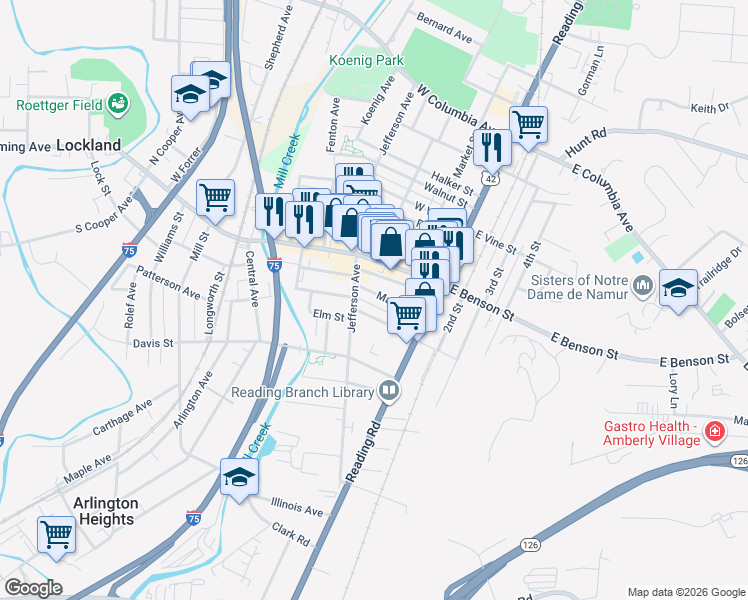 map of restaurants, bars, coffee shops, grocery stores, and more near 127 Maple Street in Cincinnati